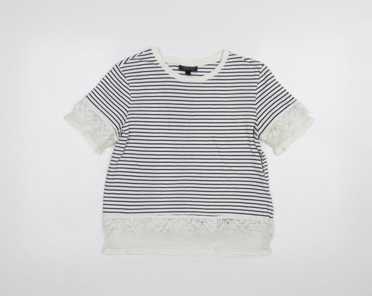 Topshop Women's Navy Striped Lace Trim T-Shirt UK 6