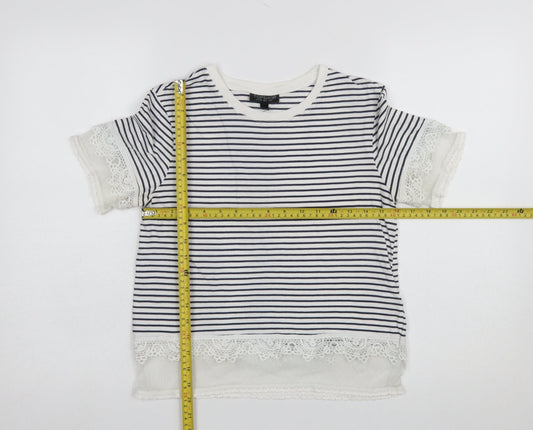Topshop Women's Navy Striped Lace Trim T-Shirt UK 6