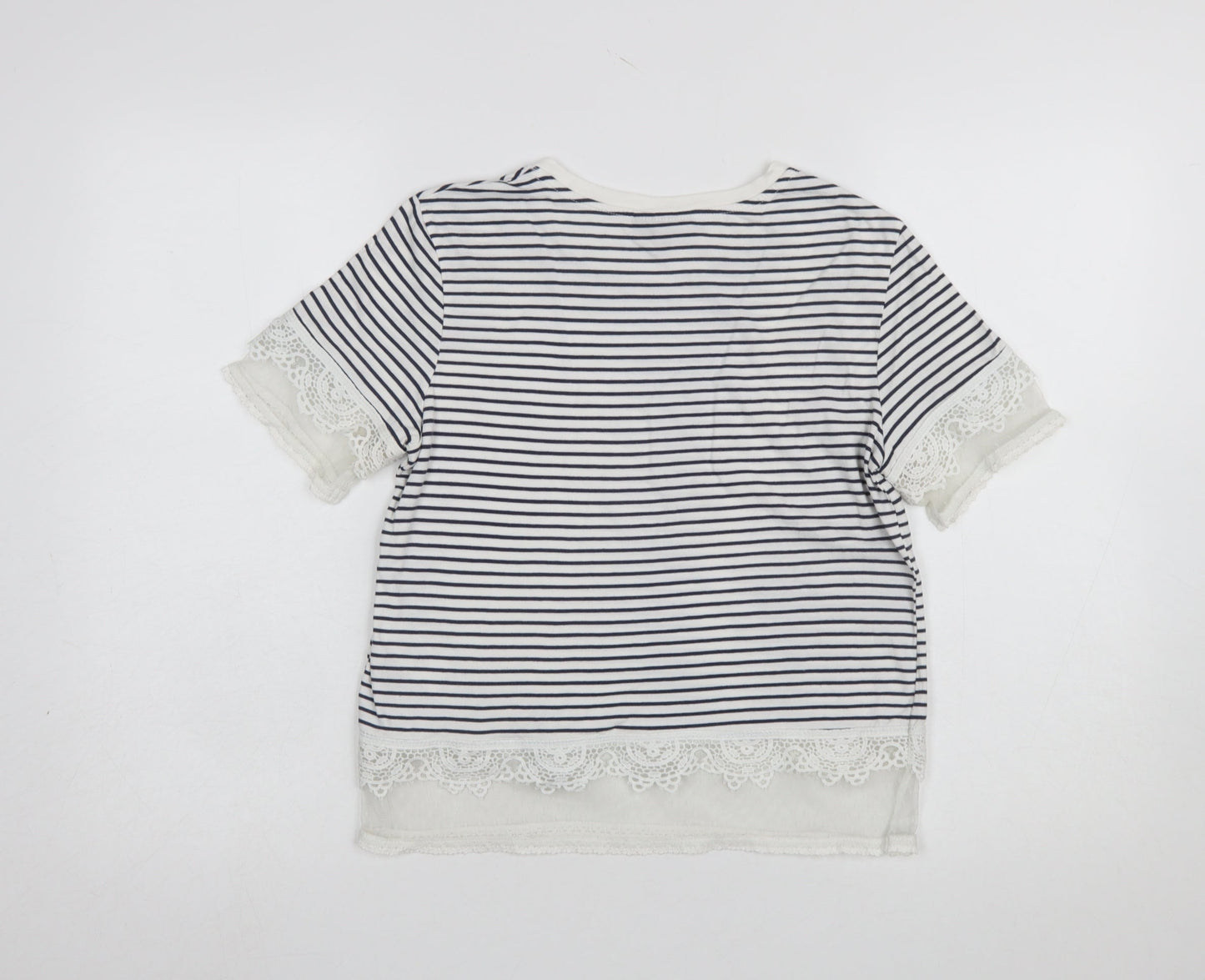 Topshop Women's Navy Striped Lace Trim T-Shirt UK 6