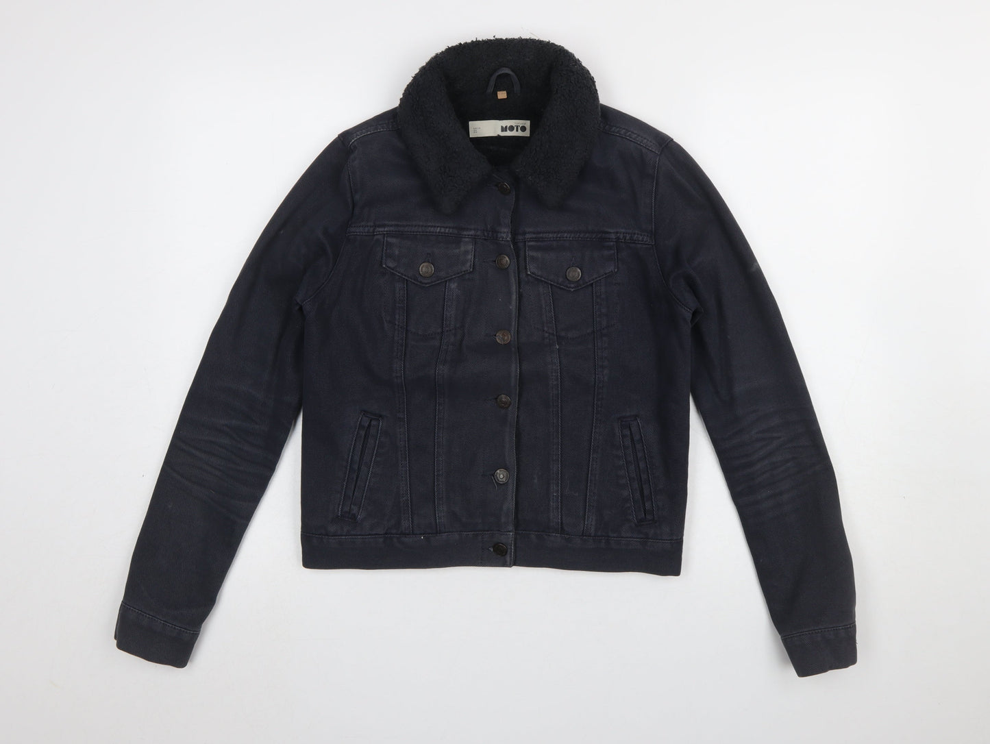 Topshop MOTO Women Black Cotton Lined Fur Collar Denim Jacket UK 8