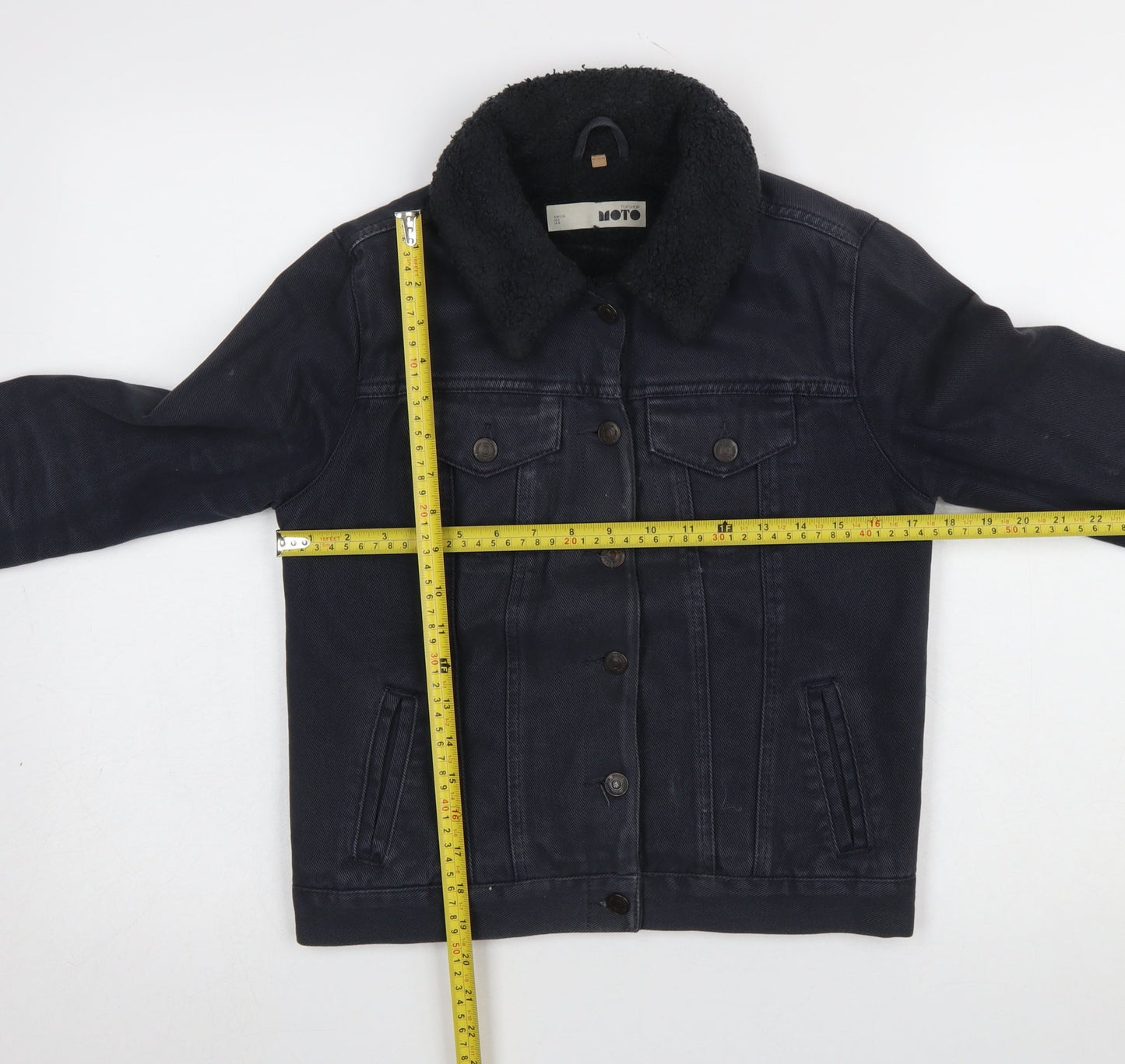 Topshop MOTO Women Black Cotton Lined Fur Collar Denim Jacket UK 8