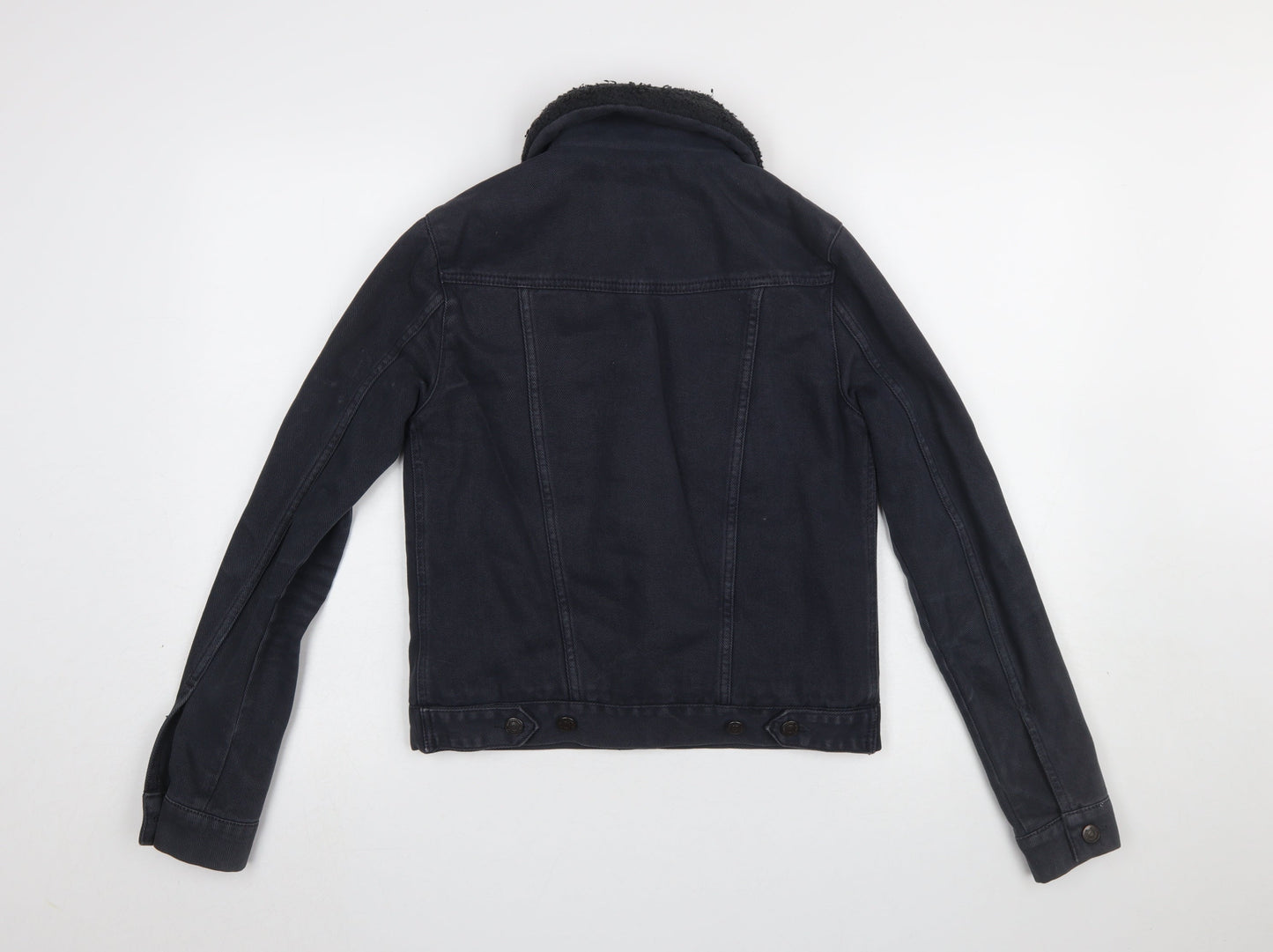 Topshop MOTO Women Black Cotton Lined Fur Collar Denim Jacket UK 8