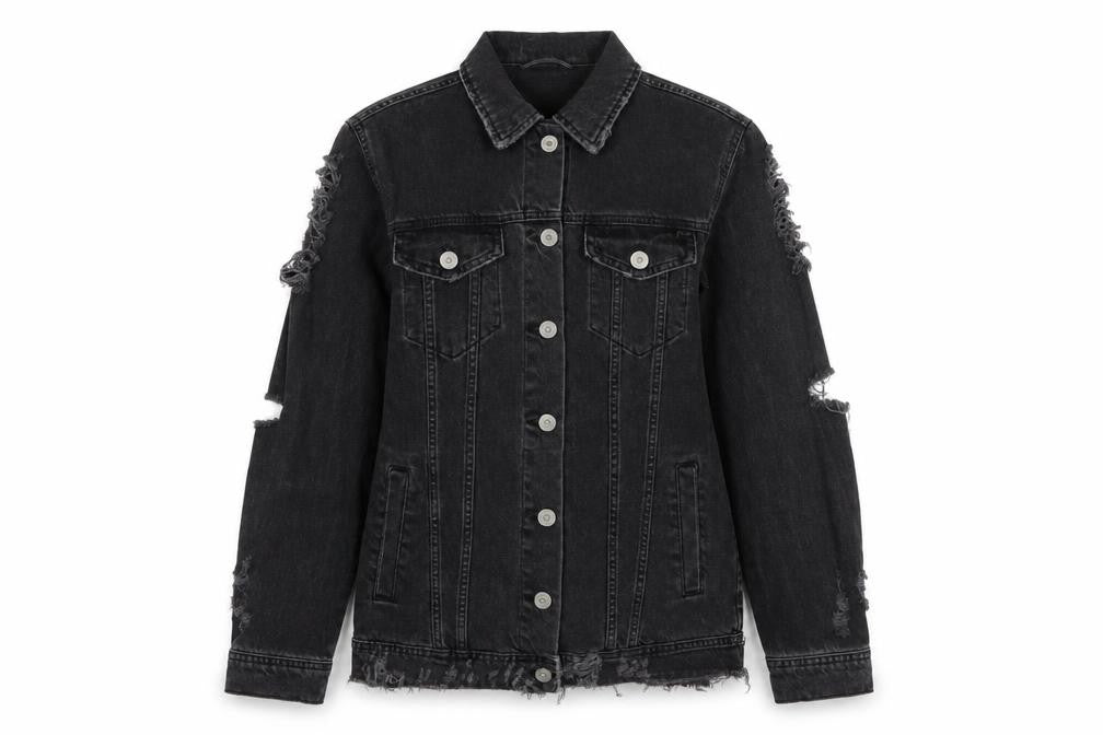 Front view of BDG women’s black distressed denim jacket xs grunge style