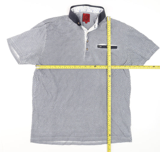 Swade Men's Blue Geometric Cotton Short Sleeve Polo Shirt L