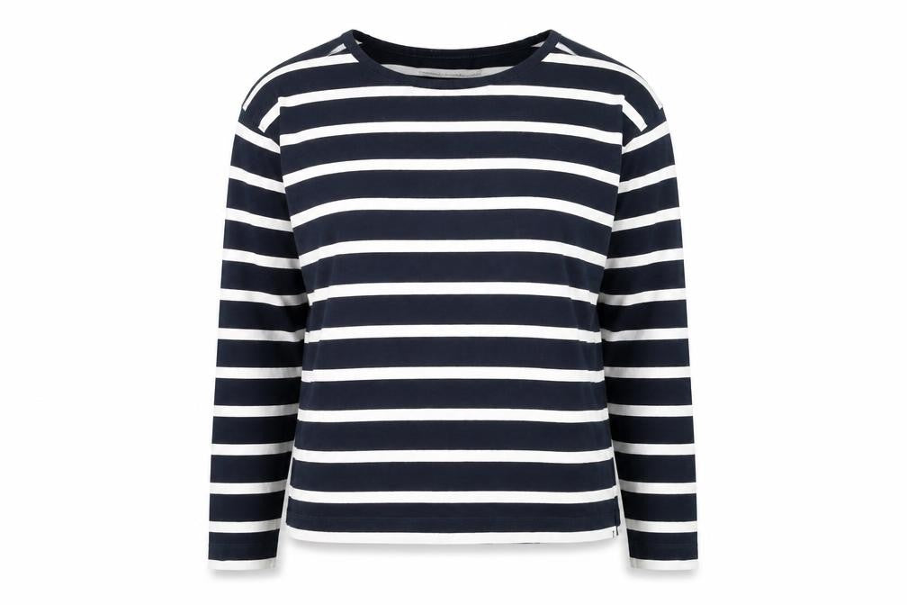 Front view of French Connection Women's Blue Striped Long Sleeve Cotton T-Shirt, size M