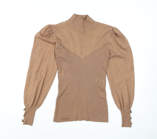 River Island Women’s Brown High Neck Puff Sleeve Knit Blouse Size 10