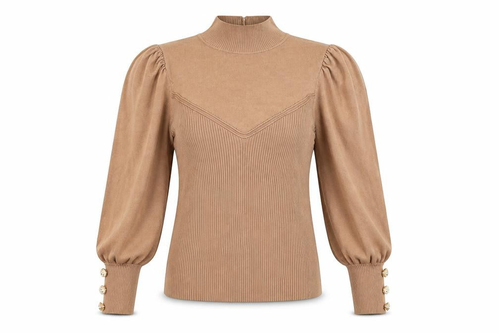River Island Women’s Brown High Neck Puff Sleeve Knit Blouse Size 10