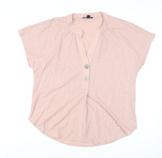 Cortefiel Women’s Pink Short Sleeve Henley Blouse Size 10 Cotton Blend
