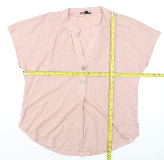Cortefiel Women’s Pink Short Sleeve Henley Blouse Size 10 Cotton Blend