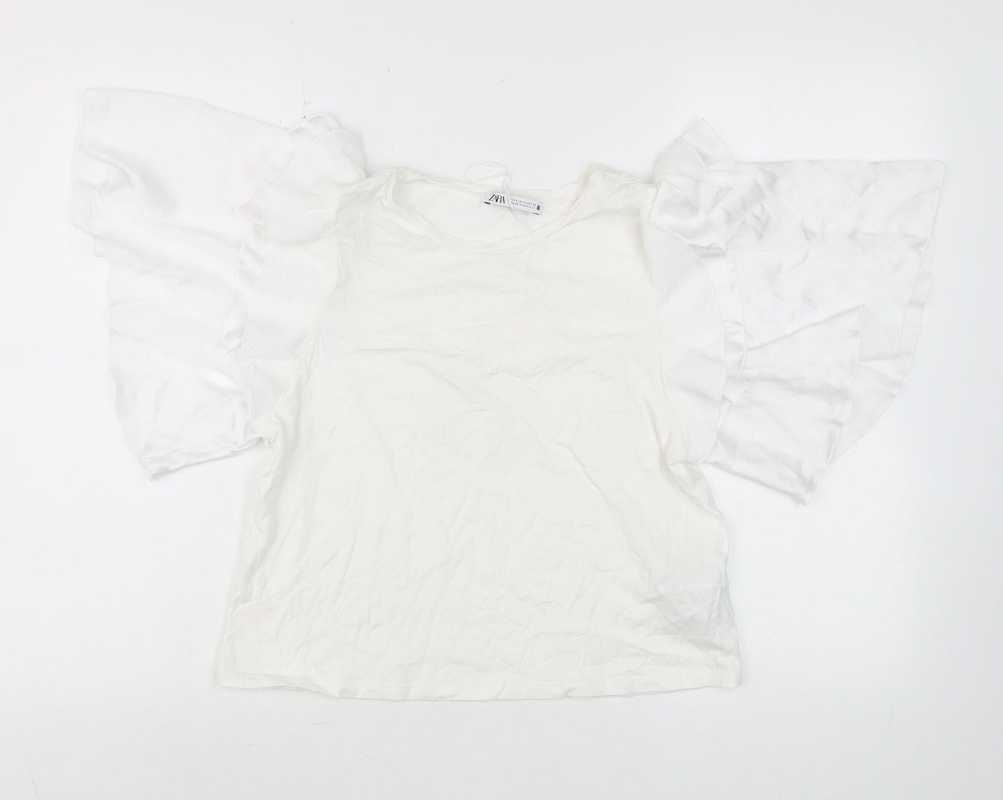 ZARA Women White Ruffle Flutter Sleeve Tunic Blouse Size S