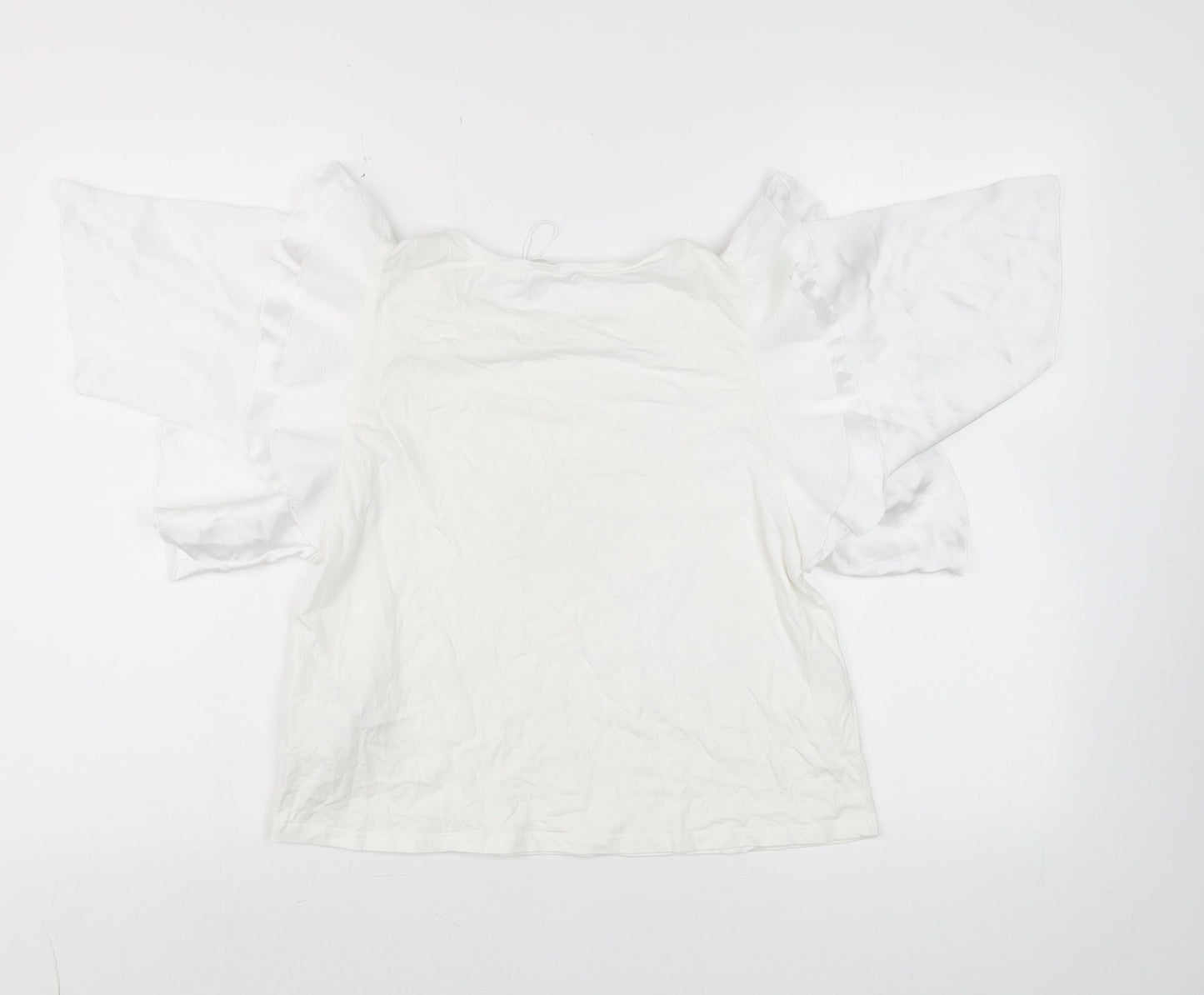 ZARA Women White Ruffle Flutter Sleeve Tunic Blouse Size S