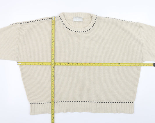 Neo Noir Mens Beige Chunky Knit Cotton Blend Crew Neck Jumper L