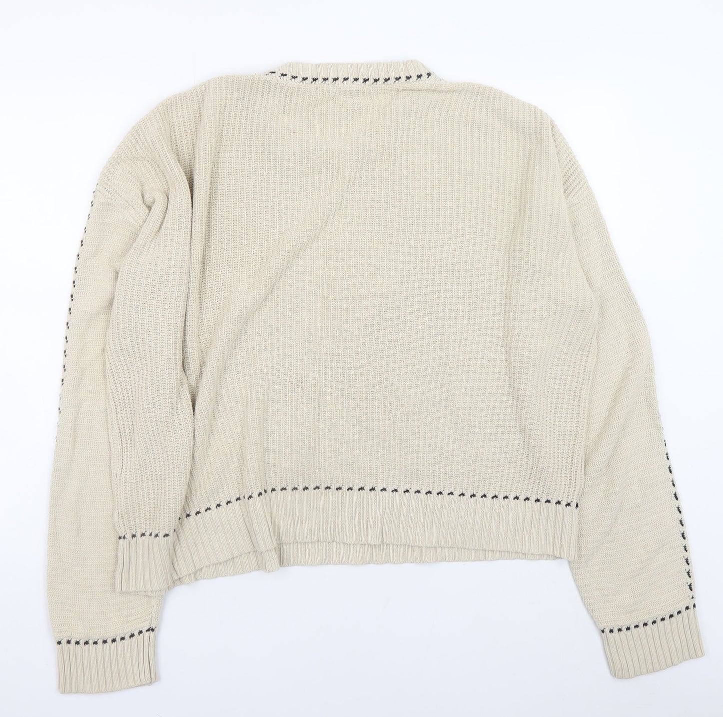 Neo Noir Mens Beige Chunky Knit Cotton Blend Crew Neck Jumper L