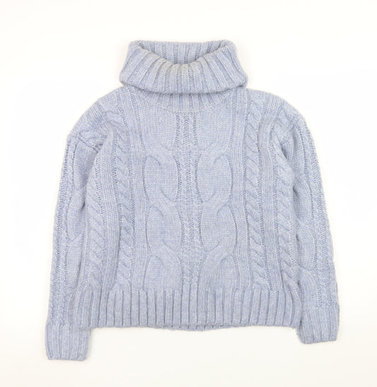 Tu Women Blue Cable-Knit Roll Neck Chunky Jumper Size S