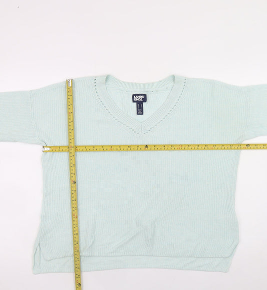 Lands' End Women's Blue Petite Linen Cotton V-Neck 3/4 Sleeve Jumper Size M