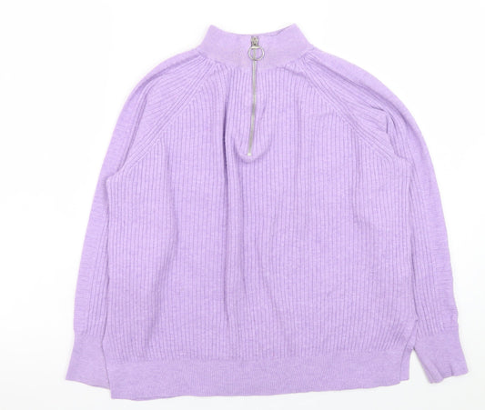 Marks and Spencer Women Purple Mock Neck Half Zip Ribbed Jumper M