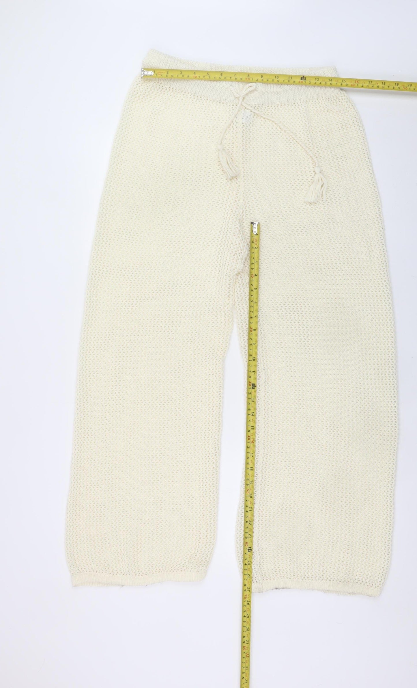 Primark Women Ivory Knit Wide-Leg Trousers L Boho Lightweight