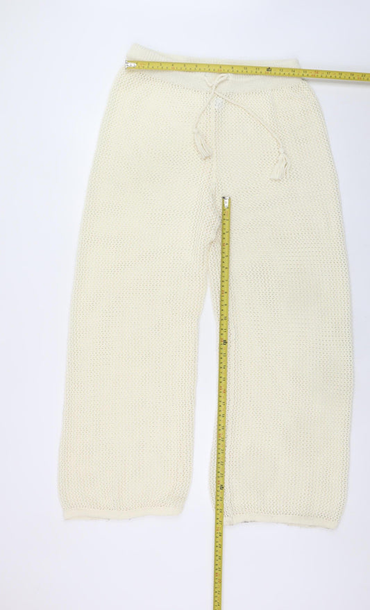 Primark Women Ivory Knit Wide-Leg Trousers L Boho Lightweight