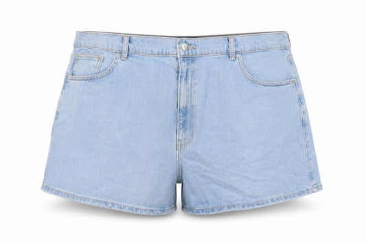 Front view of ASOS DESIGN Women Blue, size 22, Curve High Rise Mom Denim Shorts