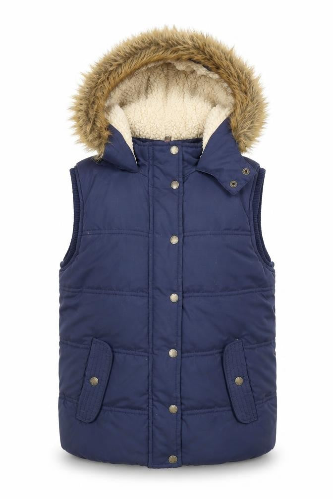 Front view of FatFace girls’ blue faux fur hooded puffer gilet 10-11 years