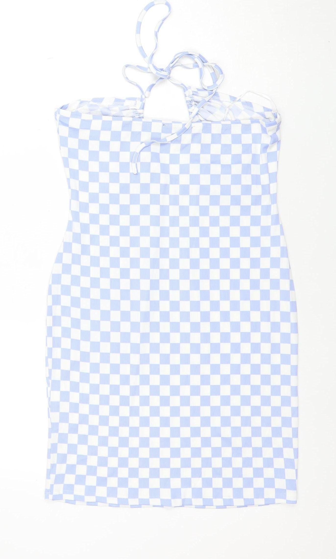 Pink Vanilla Women's Blue Check Bodycon Halter Dress M