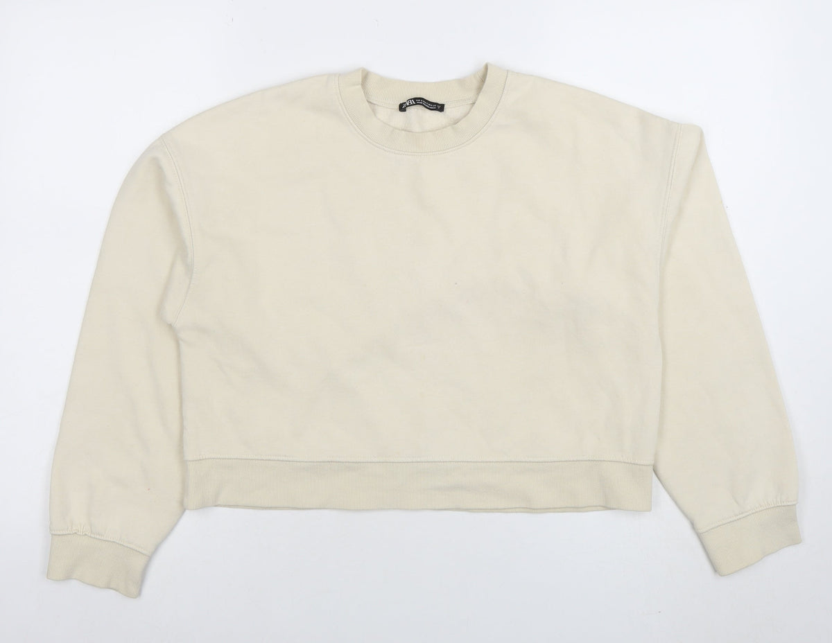 Zara Women Beige Crew Neck Pullover Sweatshirt Size S Cotton Blend