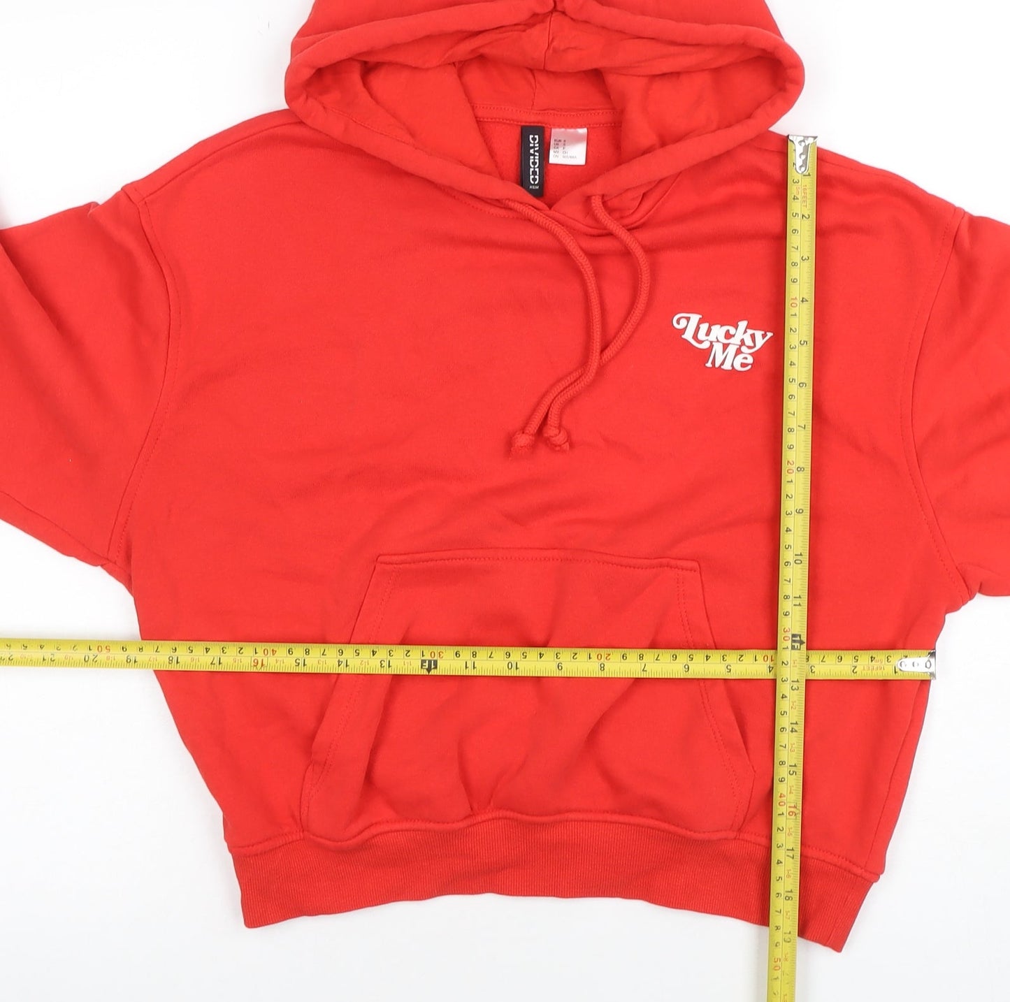 H&M Divided Women's Red Pullover Hoodie Size Small Lucky Me Print