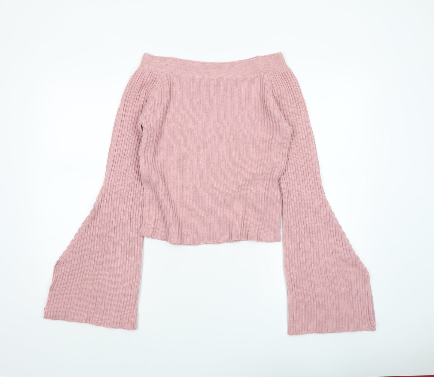 Romwe Womens Pink Ribbed Bell Sleeve Knit Jumper Size 8