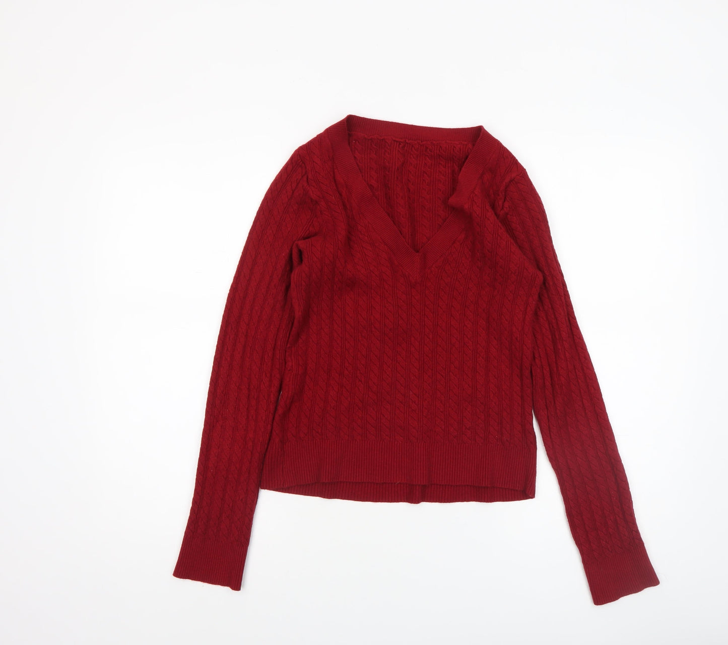 SHEIN Women's Red V-Neck Cable-Knit Long Sleeve Jumper Size 14