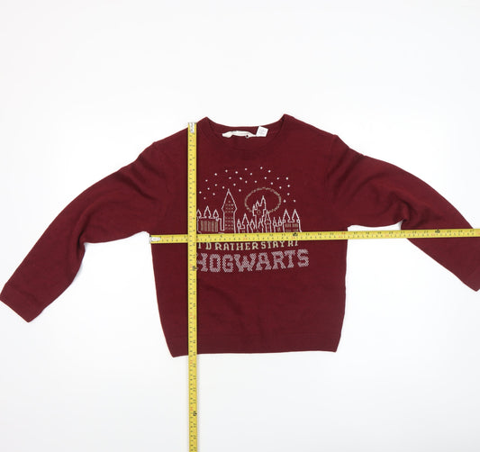 H&M Girls Burgundy Hogwarts Jumper 10-12 Years Acrylic Knit Crew Neck