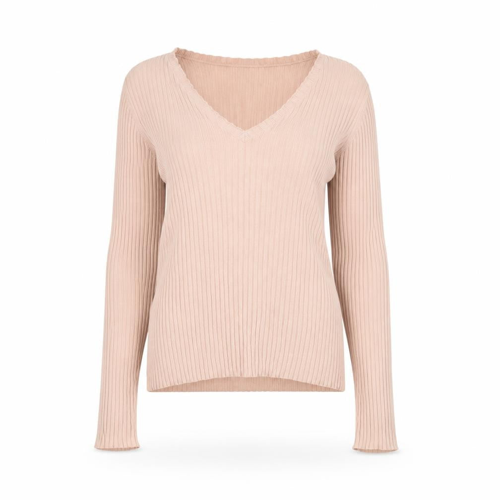 Front view of French Connection women’s beige v-neck ribbed knit jumper, size S