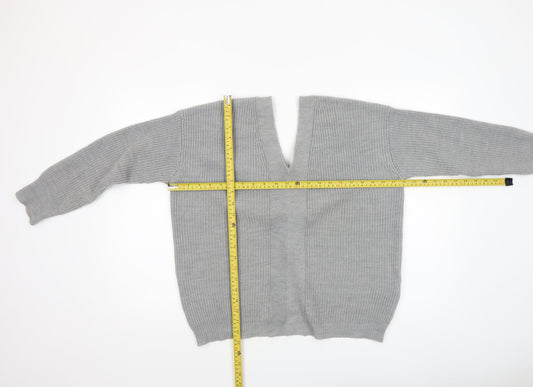 DKNY Women’s Grey V-Neck Lace-Up Ribbed Knit Jumper Size M