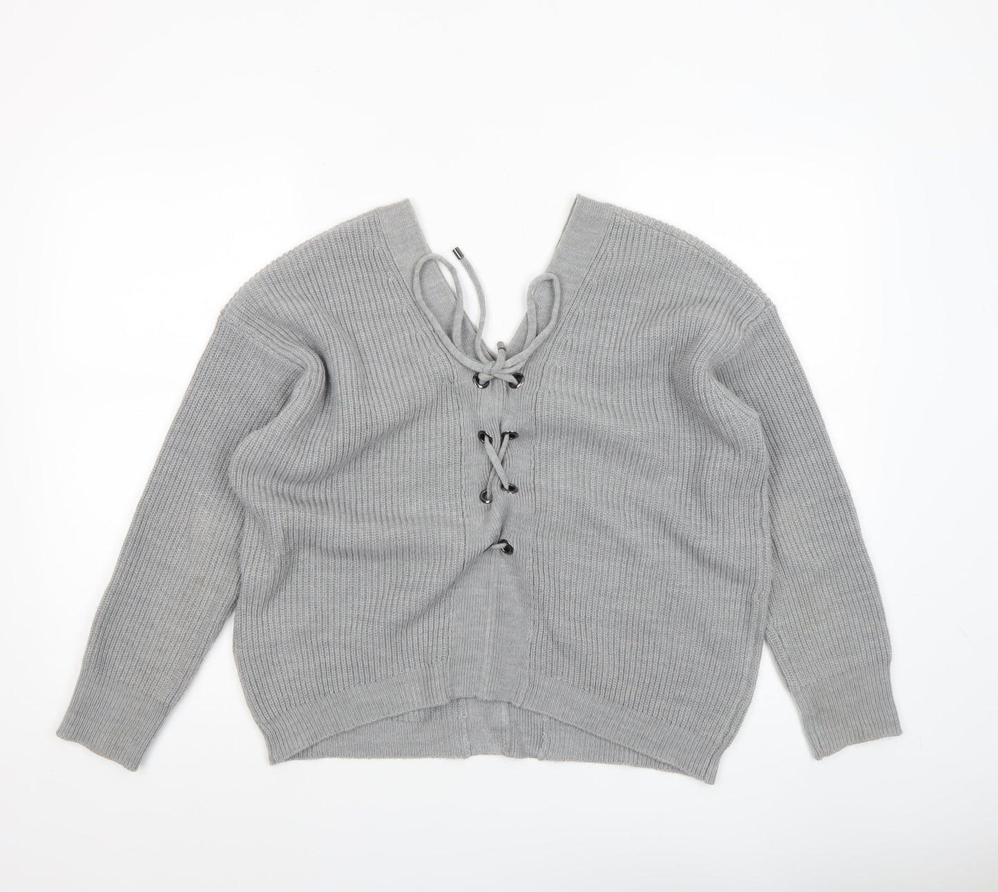 DKNY Women’s Grey V-Neck Lace-Up Ribbed Knit Jumper Size M