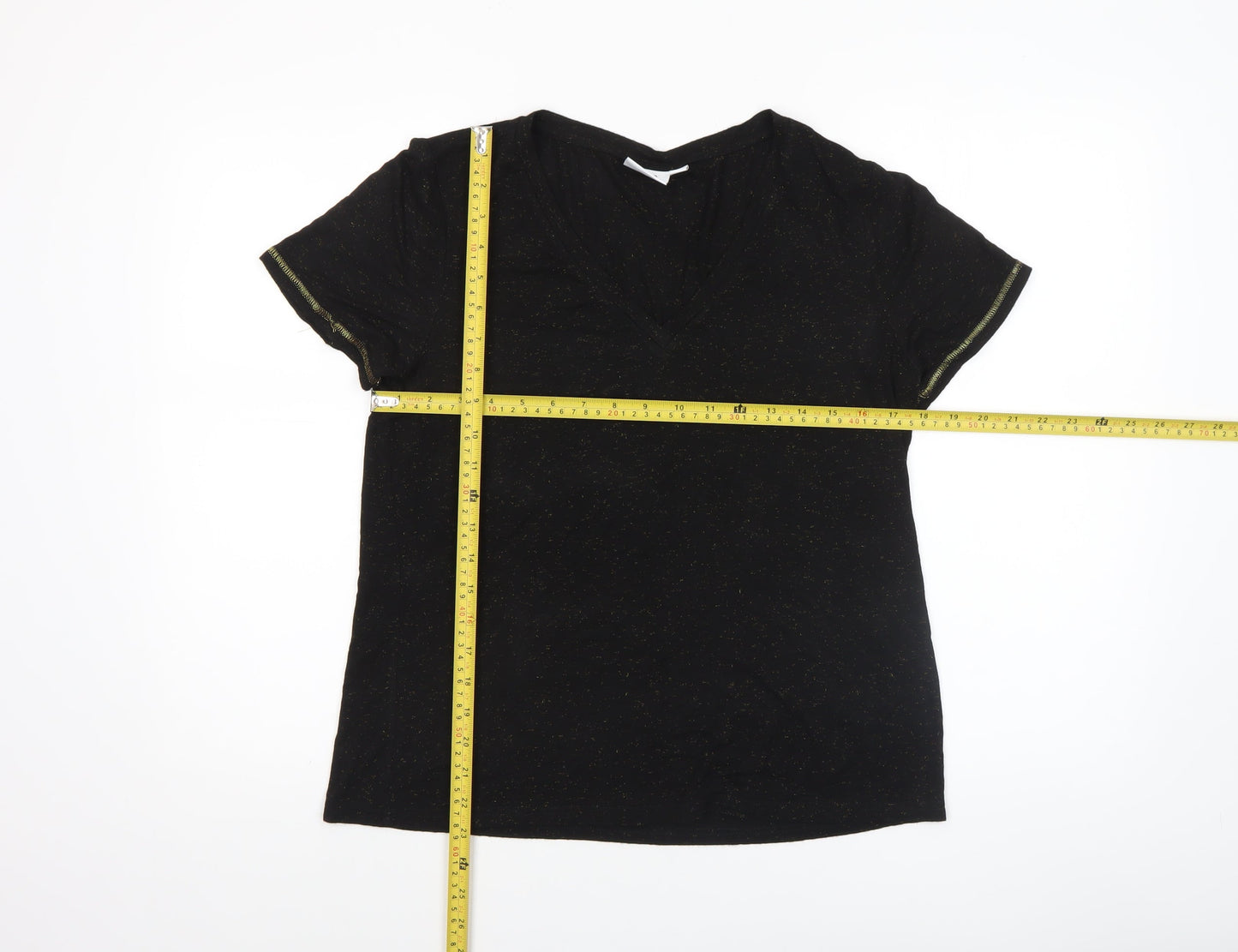 Vila Women’s Black Glitter Short Sleeve V-Neck Cotton Blend T-Shirt Size 10