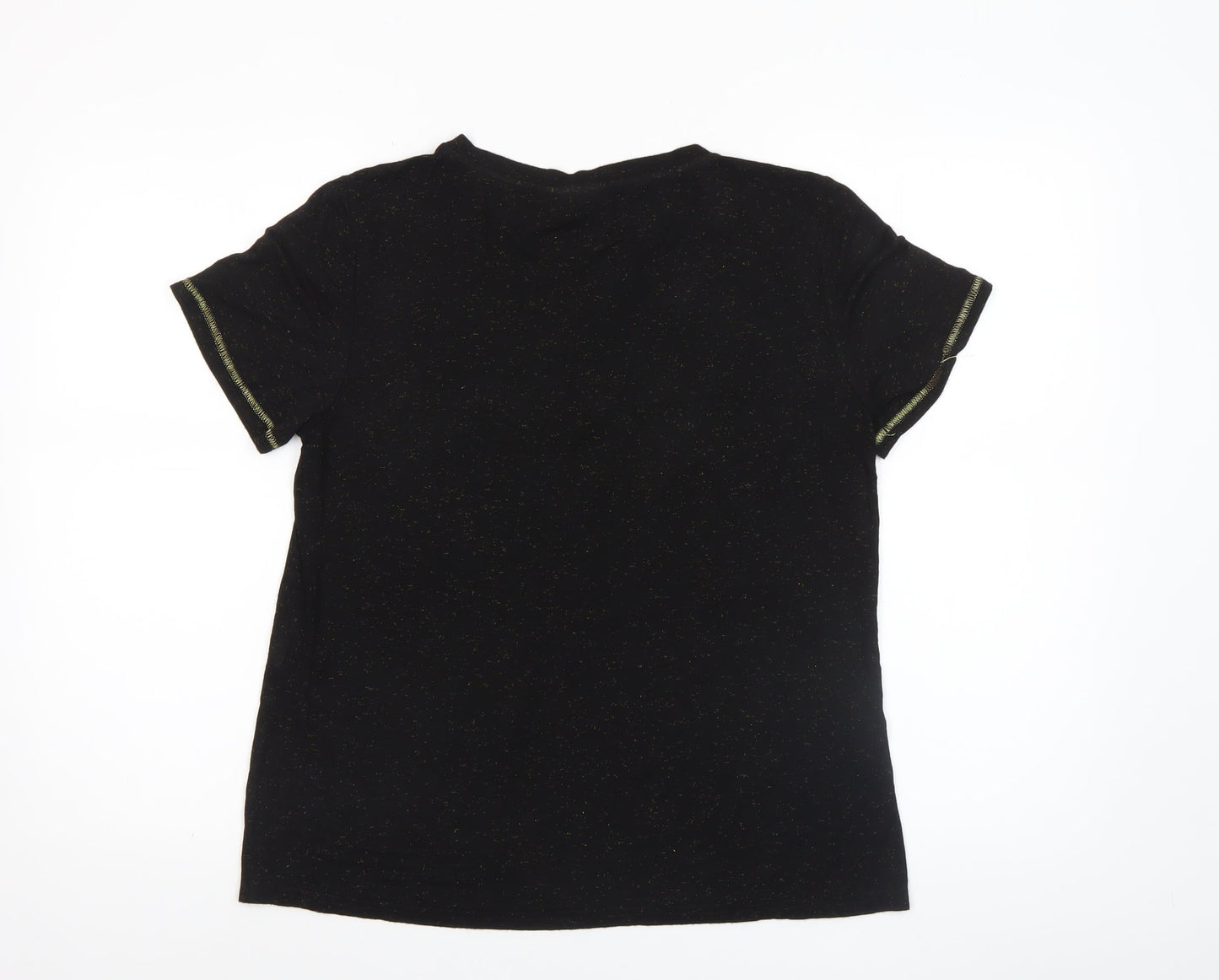 Vila Women’s Black Glitter Short Sleeve V-Neck Cotton Blend T-Shirt Size 10