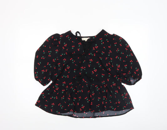 Monteau Los Angeles Women's Black Cherry Print Tunic Blouse Size L