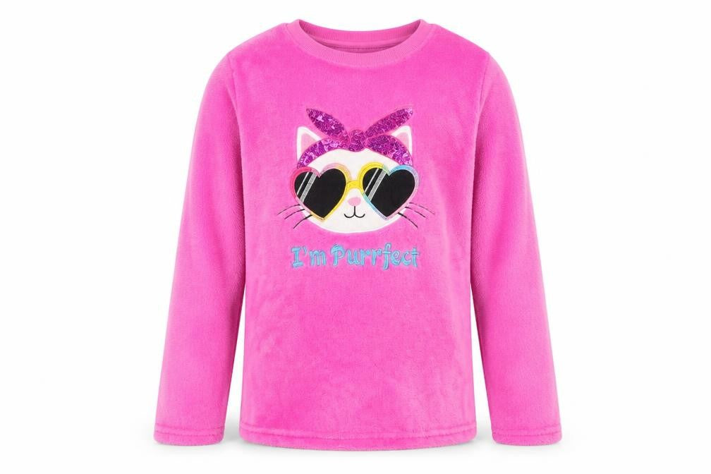 Front view of Dunnes girls’ pink fleece cat pyjama top 10-11 years long sleeve