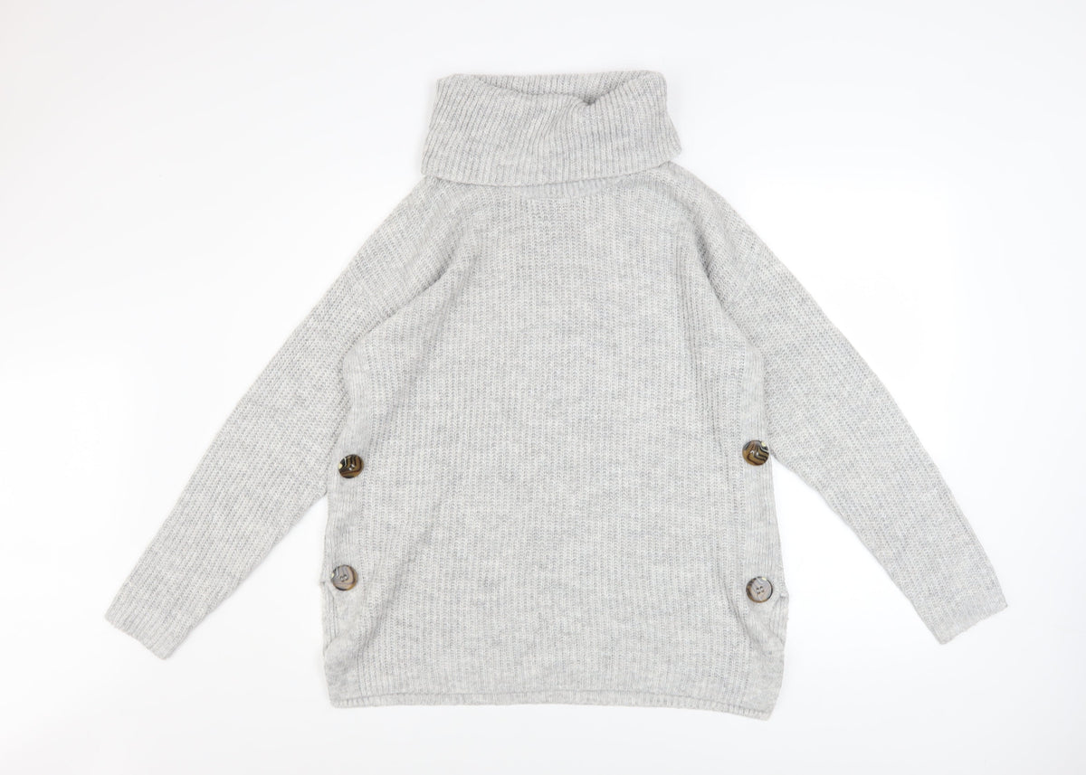 Tu Women’s Grey Roll Neck Chunky Knit Button Jumper Size M