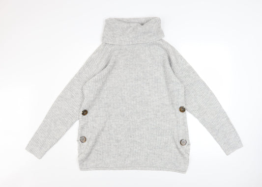 Tu Women’s Grey Roll Neck Chunky Knit Button Jumper Size M