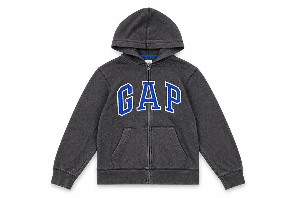 Front view of Gap Kids boys’ grey full zip hoodie, size 12-13, years cotton blend fleece