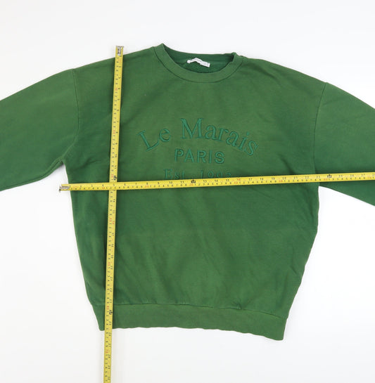 Stradivarius Womens Green Pullover Sweatshirt Medium Le Marais Paris Embroidered