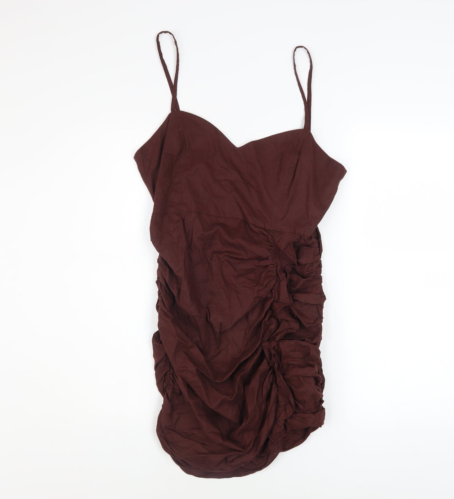 ZARA Women's Brown Linen Blend Bodycon Ruched Dress L