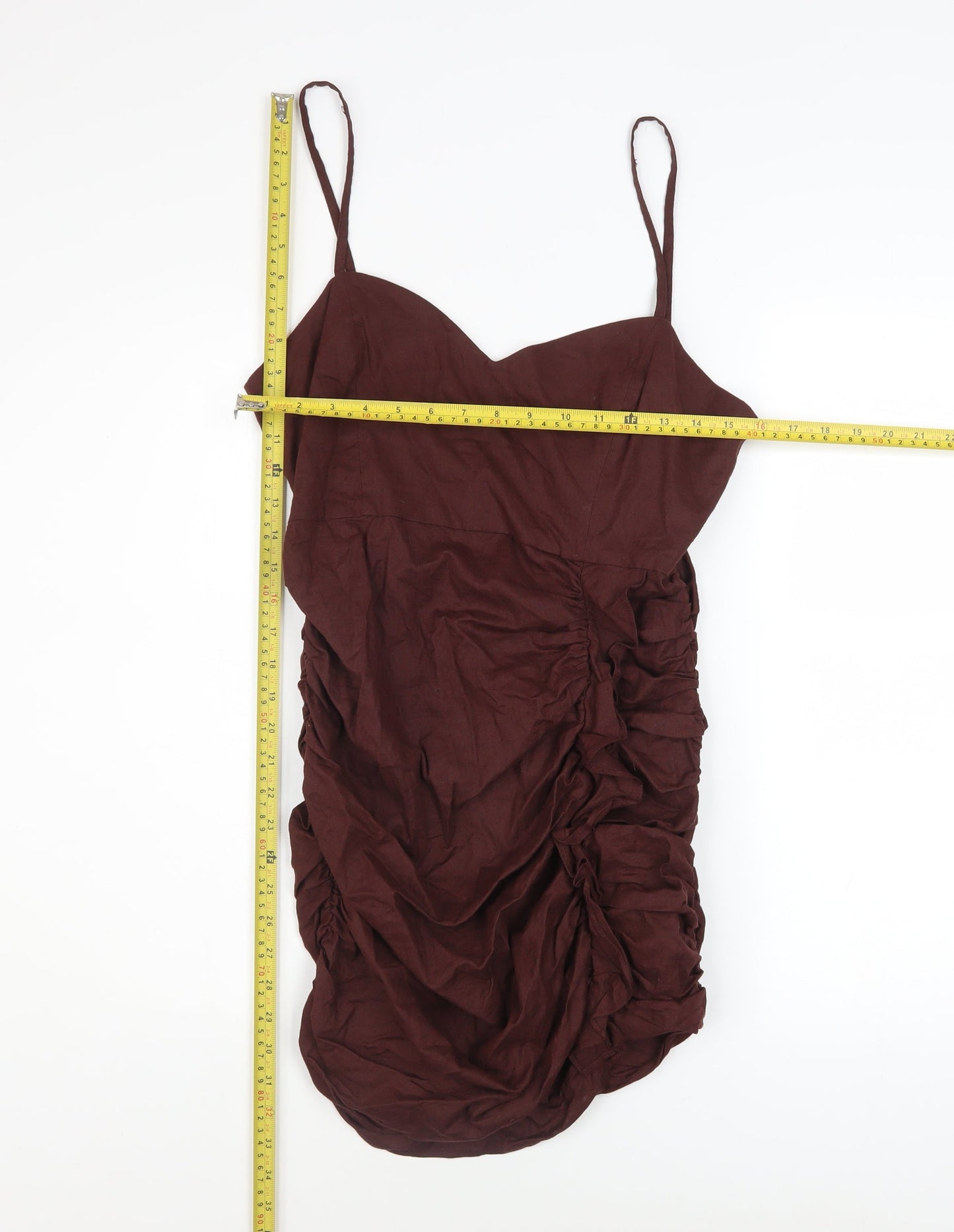 ZARA Women's Brown Linen Blend Bodycon Ruched Dress L