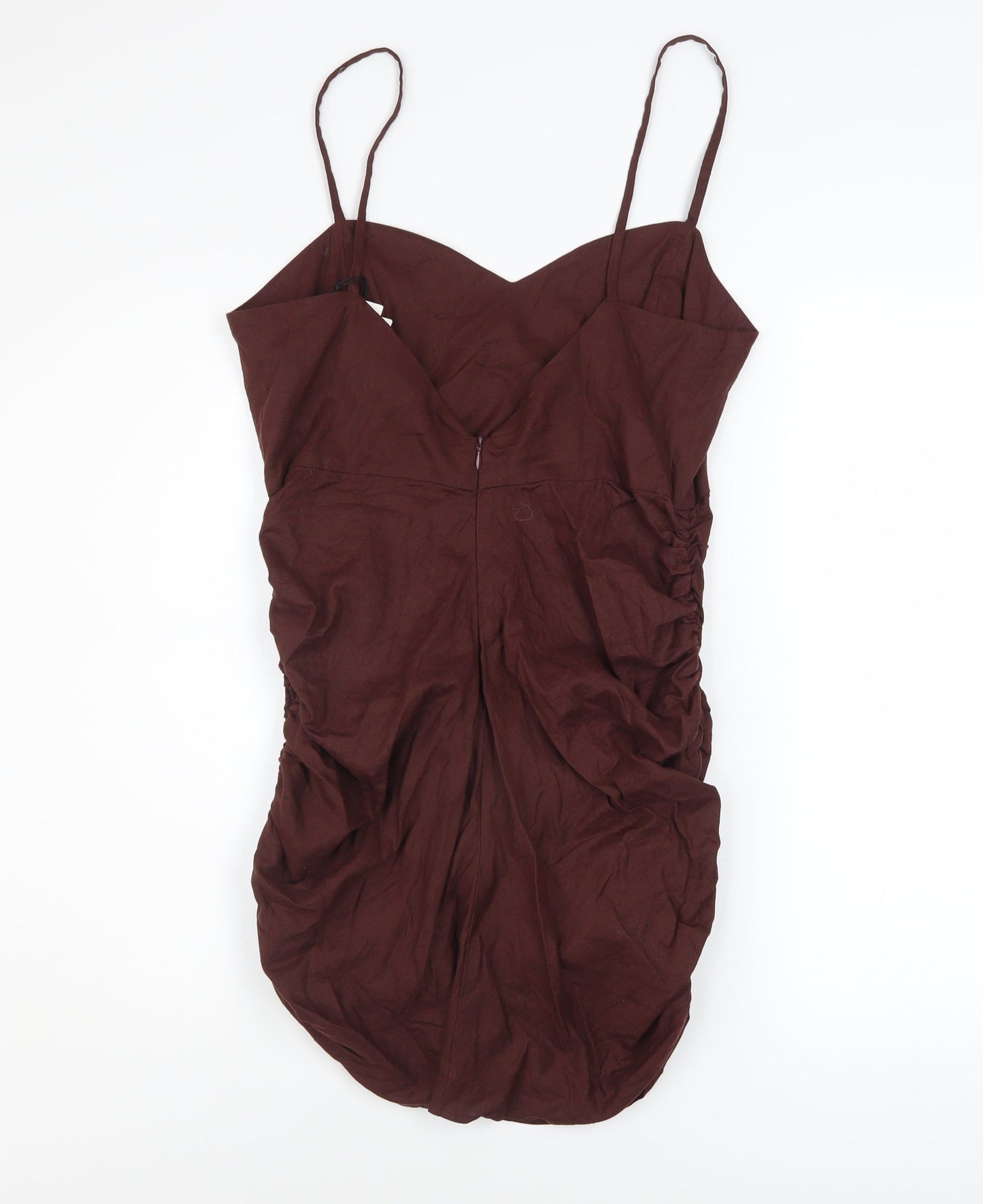 ZARA Women's Brown Linen Blend Bodycon Ruched Dress L
