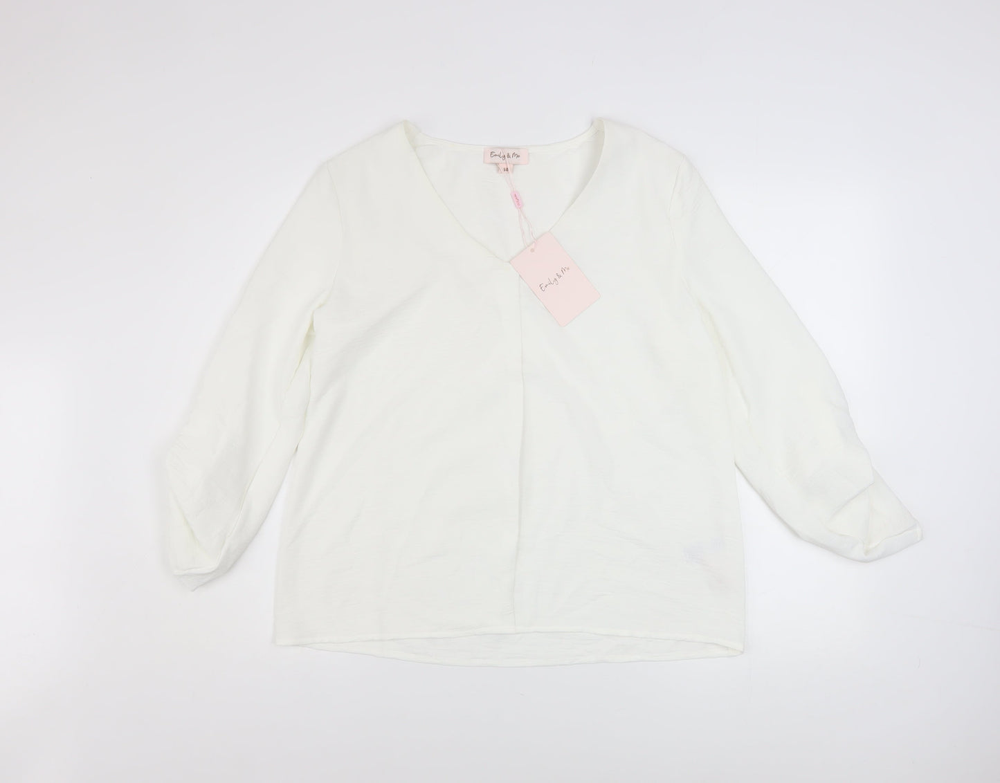 Emily & Me Women White V-Neck Long Sleeve Blouse Size 14