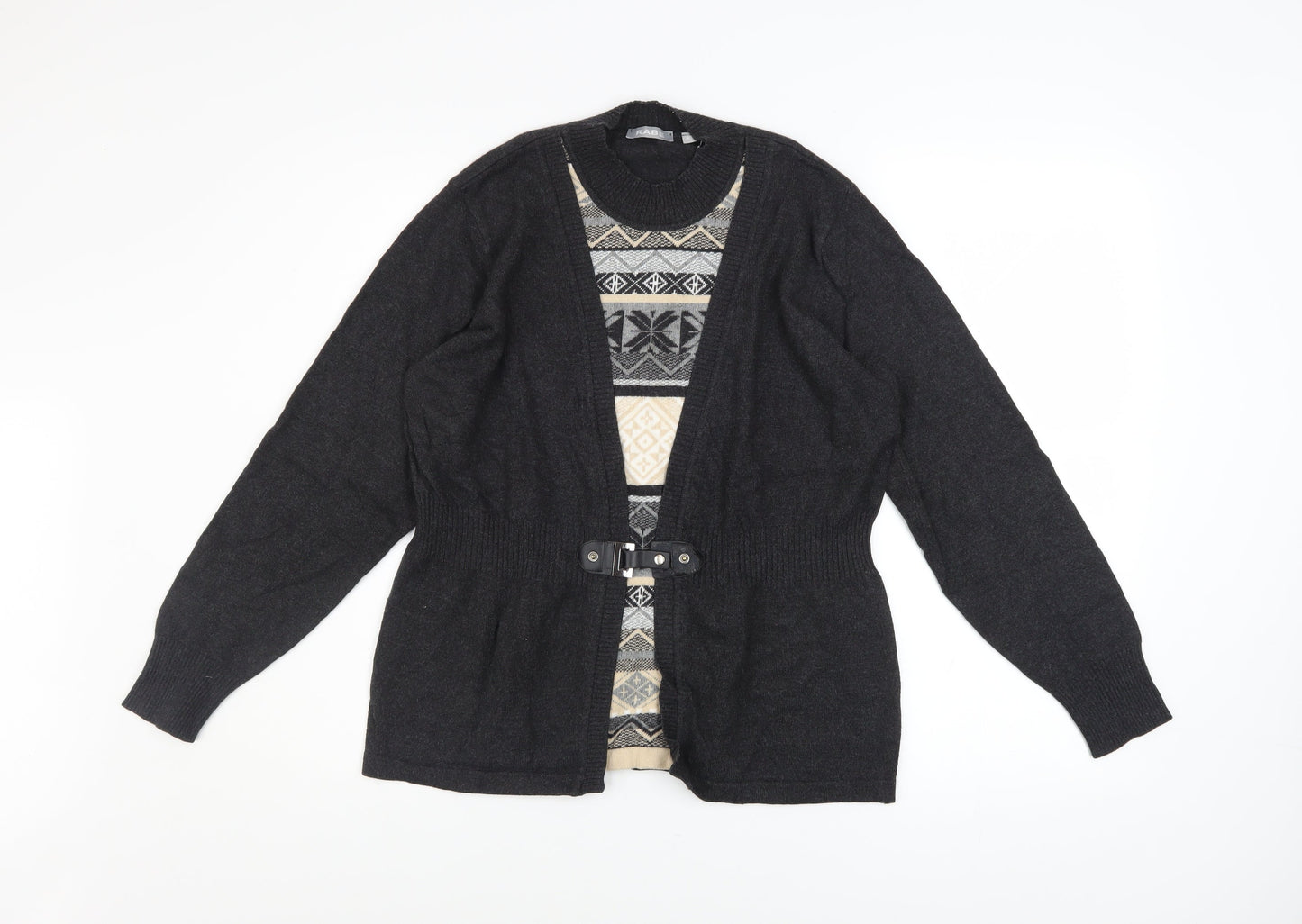Rabe Womens Black Geometric Belted Cardigan Size 12