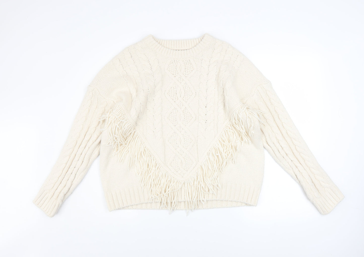 Primark Womens Ivory Cable Knit Fringe Pullover Jumper Size L