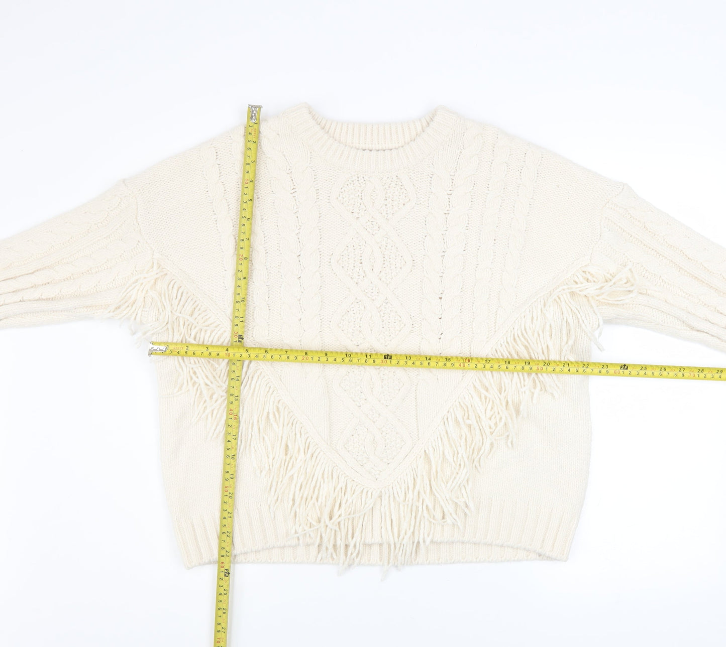 Primark Womens Ivory Cable Knit Fringe Pullover Jumper Size L