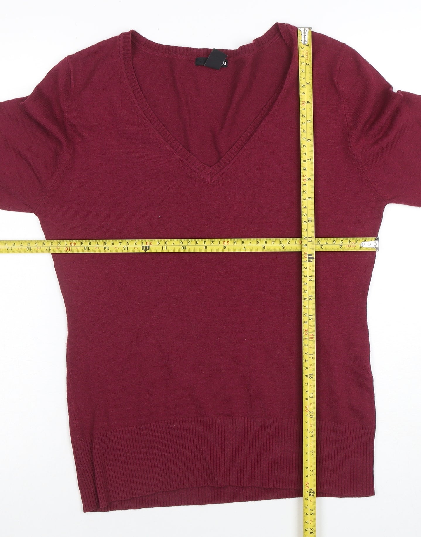H&M Women's Red V-Neck Long Sleeve Cotton Knit Jumper Size L