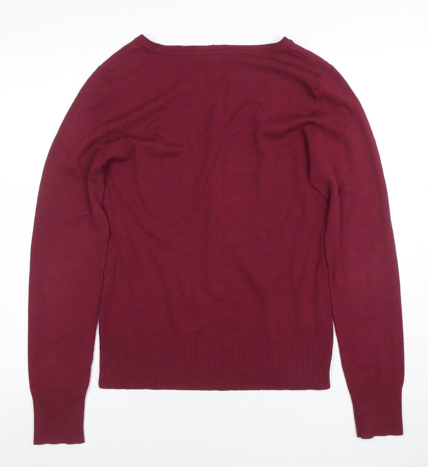 H&M Women's Red V-Neck Long Sleeve Cotton Knit Jumper Size L
